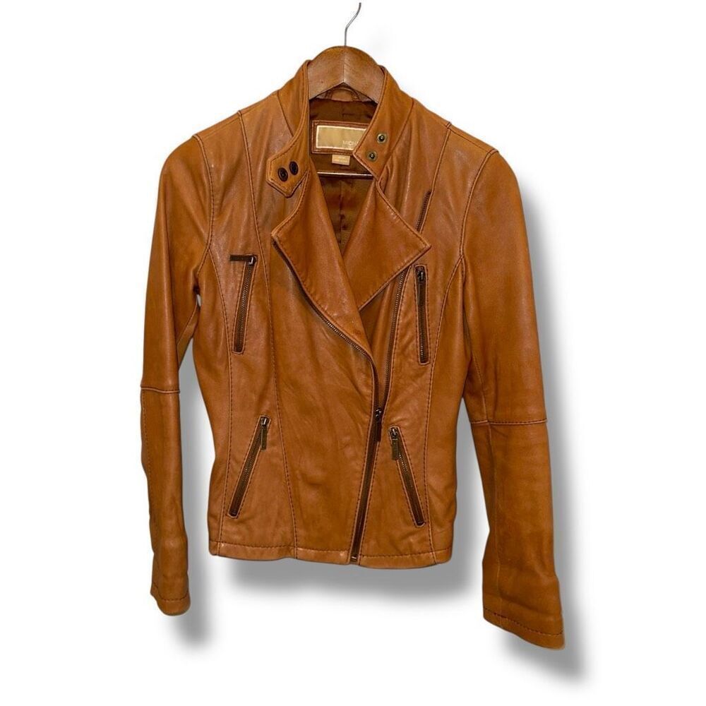 Michael Kors Cognac Brown Leather Racer Jacket Women’s Sz XS